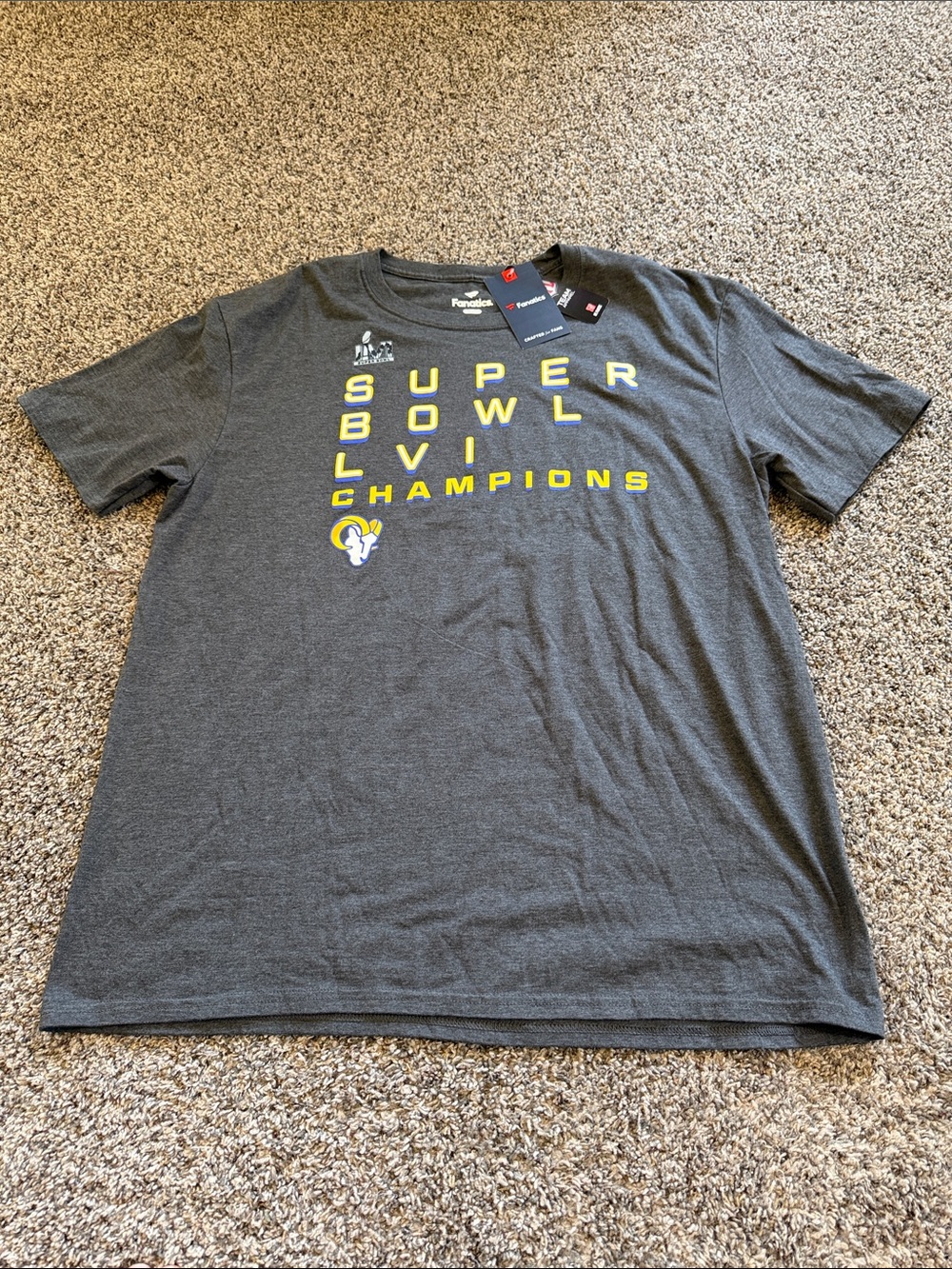 NWT Fanatics Gray Super Bowl LVI Champions Tee with Yellow Accents Size XL
